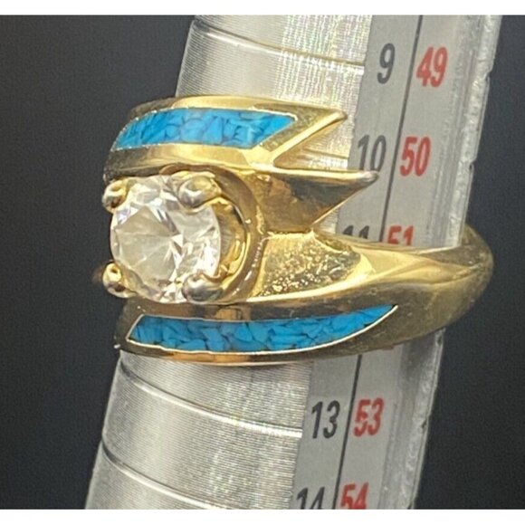 Vtg 'Ring 92 SW CZ Solitaire Yellow Gold Plated Wrap Crushed Turquoise Size 5.5 - Picture 10 of 14